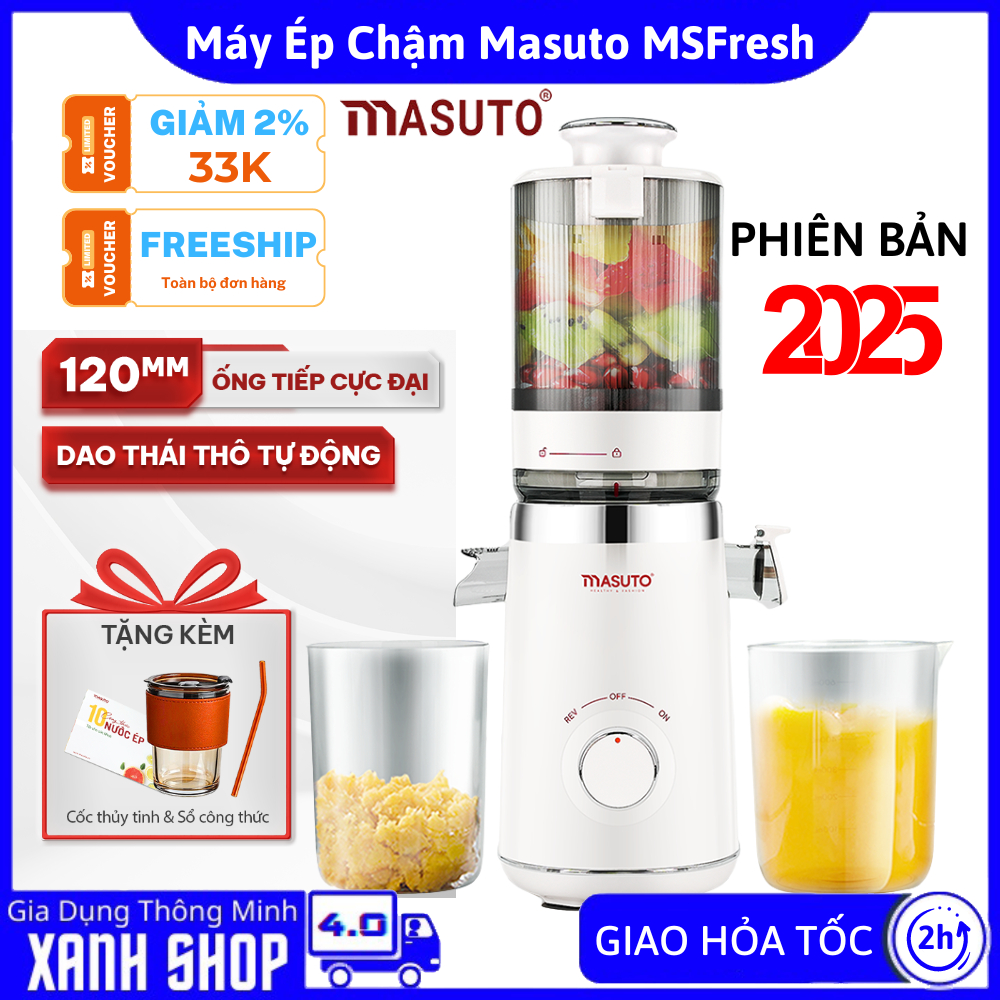 Máy ép chậm trái cây Masuto MS Fresh chính hãng (phiên bản 2025), Công suất 150W, Dung tích 1.2L, Ép kiệt bã đến 99%