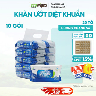 Túi 10 gói khăn ướt diệt khuẩn EcoWipes loại 20 tờ lau tay vệ sinh dụng cụ  diệt 99,9% vi khuẩn