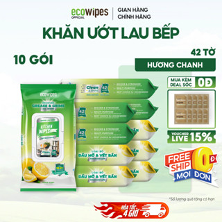 Thùng 10 gói khăn ướt lau bếp cao cấp Kitchen EcoWipes gói 42 tờ size lớn hương chanh khử mùi