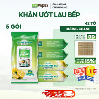 (HOẢ TỐC HCM) Thùng 05 gói khăn ướt lau bếp cao cấp Kitchen EcoWipes gói 42 tờ size lớn hương chanh