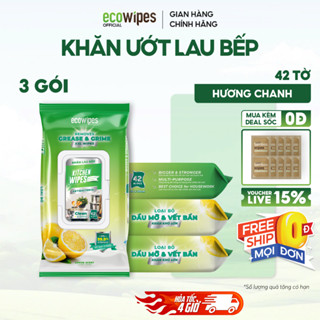 Combo 03 gói khăn ướt lau bếp cao cấp Kitchen EcoWipes gói 42 tờ size lớn hương chanh khử mùi