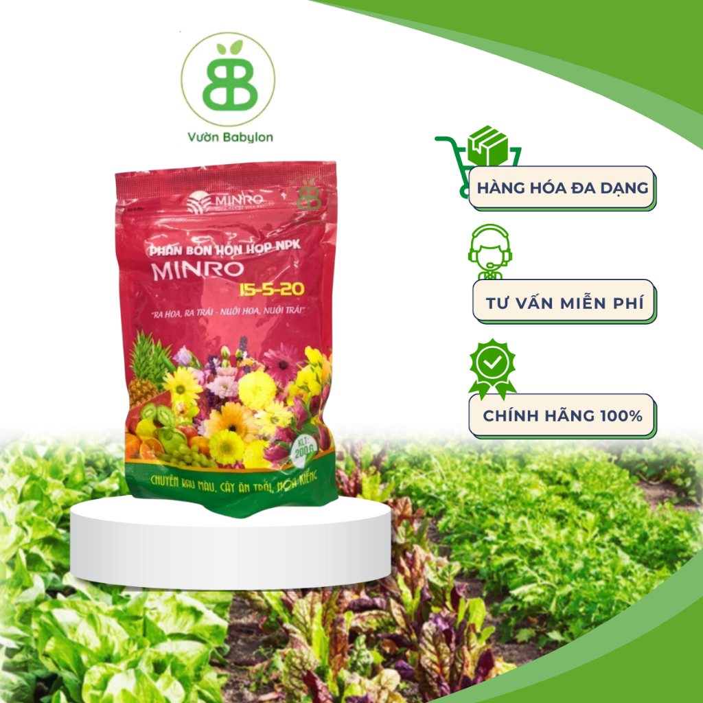 Phân Bón Minro NPK 15-5-20, Phân chuyên dùng Cho Hoa, Cây Cảnh, Giúp Cây Ra Hoa Đẹp, Lâu Tàn Vuonbabylon - Túi 200G