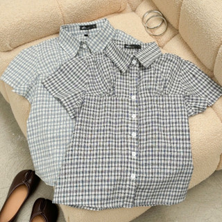 Áo sơ mi nữ caro ngắn tay Ceci Miều Est.2013 cổ bẻ dáng ôm body áo kiểu công sở vintage