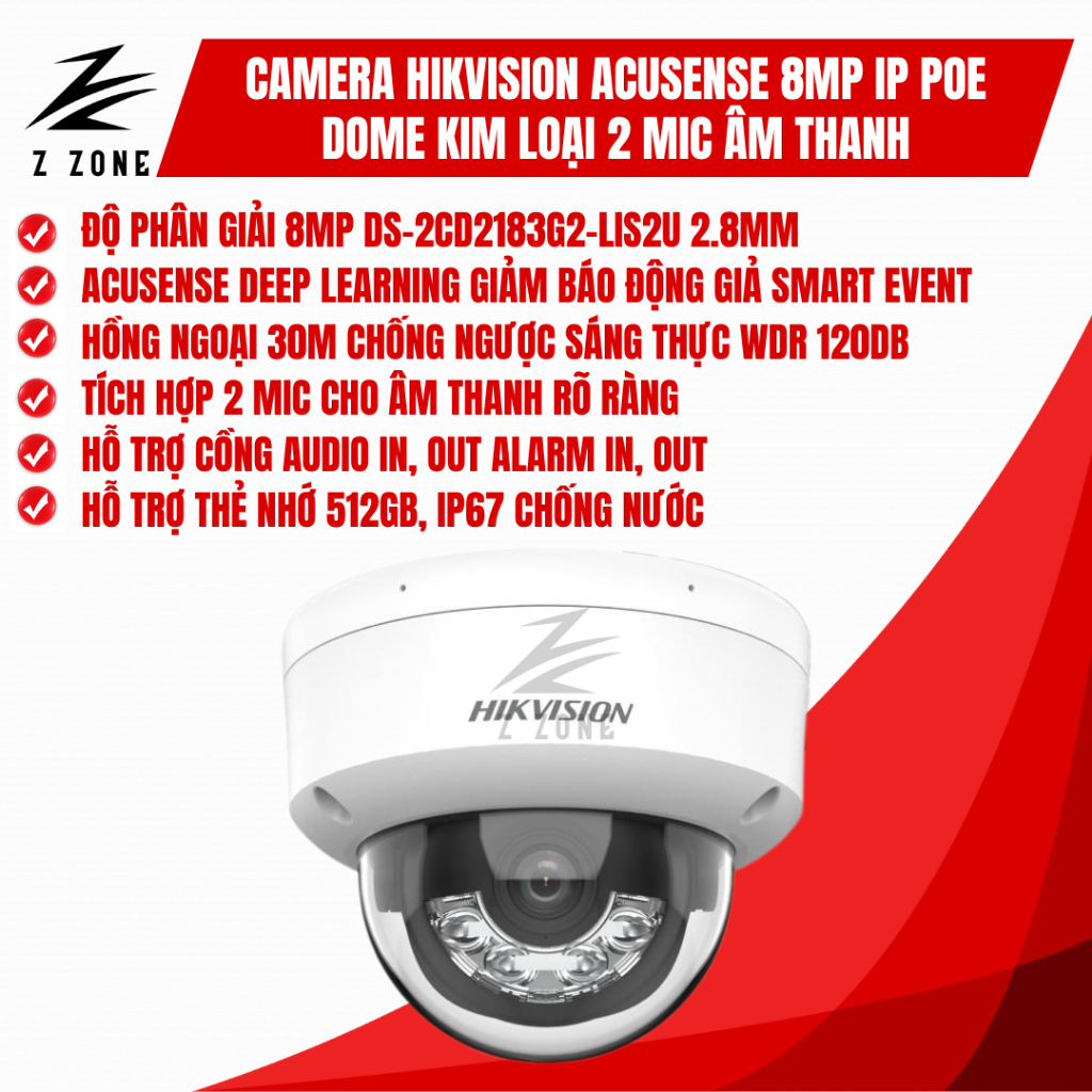 Camera Hikvision AcuSense 8MP IP POE Dome Kim Loại DS-2CD2183G2-LIS2U, Mic Kép