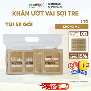 Túi 50 gói khăn ướt vải sợi tre EcoBamboo Premium kháng khuẩn cao cấp gói 1 tờ không mùi