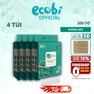 TẶNG MÓC TREO_Thùng 04 túi Khăn vải khô đa năng Lamy 200 tờ túi rút treo tường lau mặt tẩy trang