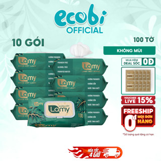 Thùng 10 Gói Khăn Ướt Cho Bé Lamy 100 Tờ Không Mùi Không Cồn Không Paraben Siêu Tiết Kiệm