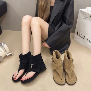 METWO. - Boots sandal hè da lộn mềm xỏ ngón đế bệt QC đế thấp êm cổ cao FULL BOX vintage tiểu thư ulzzang Hàn Quốc #30-1
