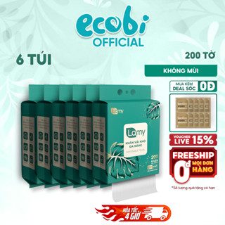 TẶNG MÓC TREO_Thùng 06 túi Khăn vải khô đa năng Lamy 200 tờ túi rút treo tường lau mặt tẩy trang