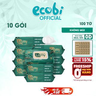 Thùng 10 gói khăn ướt Lamy 100 tờ không cồn không parabens cao cấp dành cho em bé