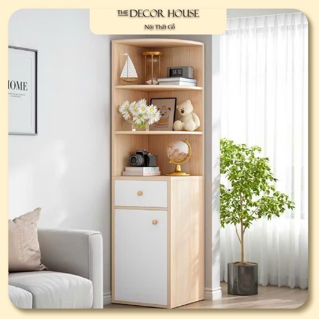 Kệ góc tường Decor House, kệ decor có tủ đa năng, kệ để đồ bo góc tròn, chất liệu gỗ MDF chống nước 