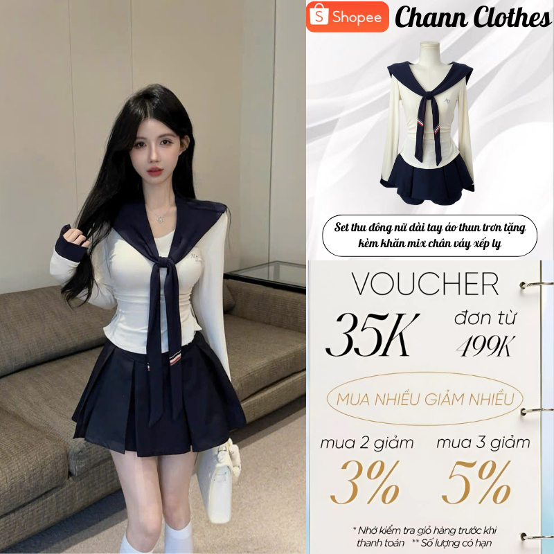 Set thu đông nữ dài tay áo thun trơn tặng kèm khăn mix chân váy xếp ly Chann Clothes HCOM3031