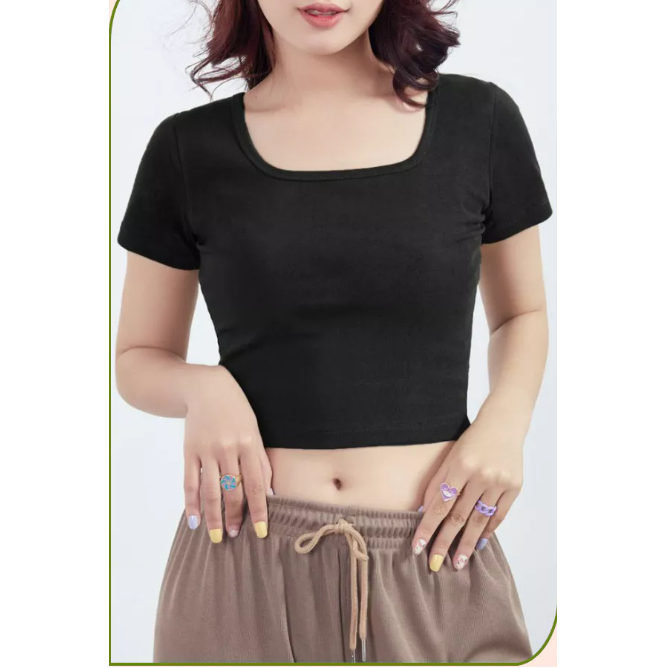Áo croptop nữ cổ vuông ôm body, Áo thun nữ ngắn tay croptop năng động tanktop màu đen