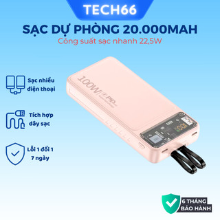 Sạc dự phòng pin 20000mah Gutek DX160 sạc nhanh 22,5w có sẵn dây sạc cho điện thoại