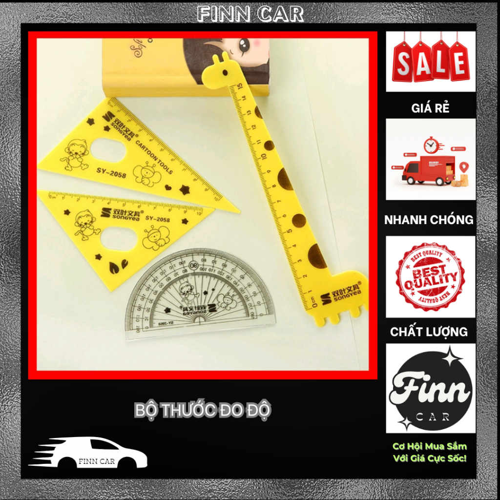 Bộ thước đo độ + thước eke + thước thẳng hình hươu cao cổ đáng yêu nhiều màu dành cho học sinh