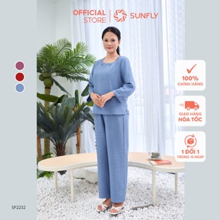  Đồ bộ mặc nhà nữ đũi vân mây áo tay lỡ quần dài bộ mặc nhà trung niên cho mẹ SUNFLY SP2232 