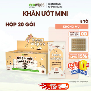 Hộp 20 gói khăn ướt mini size Teen EcoWipes gói 8 tờ không mùi nhỏ gọn bỏ túi cho học sinh sinh viên