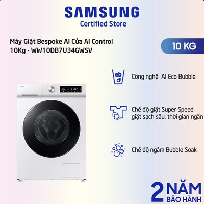 [Shopee - Lắp đặt 0Đ HN HCM][2025] Máy giặt Samsung Bespoke AI EcoBubble In 10Kg WW10DB7U34GWSV -Shopee chỉ lắp HN & HCM