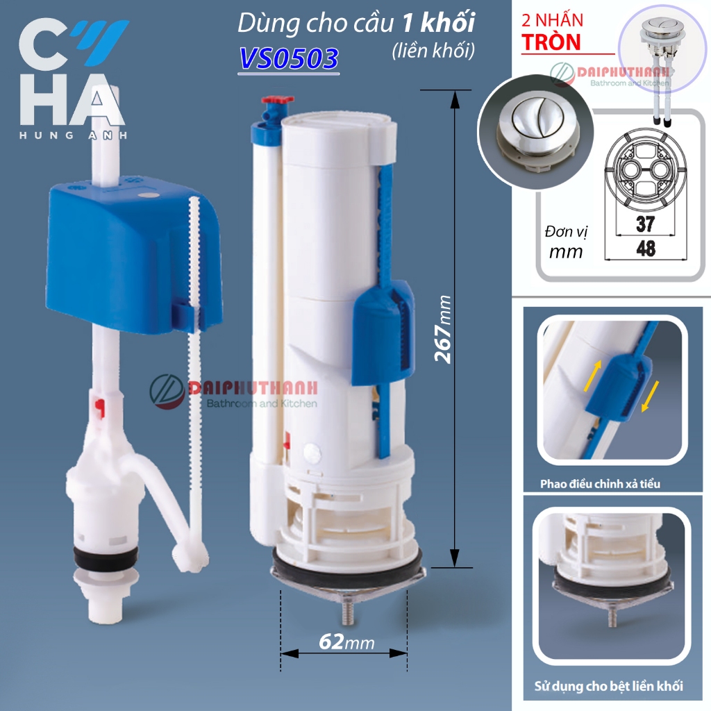 Bộ Xả Bồn Cầu 1 Khối Két Liền HA VS0503 - Tặng nút xả 2 nhấn