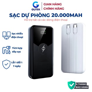 Sạc dự phòng 20000mah Gutek GT229 sạc nhanh 22,5w dung lượng pin lớn tích hợp dây sạc cho điện thoại