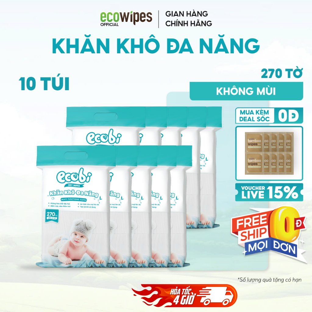 Thùng 10 túi khăn vải khô đa năng Ecobi cao cấp túi 270 tờ mềm dai thấm hút tốt