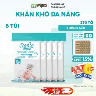 Combo 05 túi khăn vải khô đa năng cho bé Ecobi túi 270 tờ 345g mềm mịn dai thấm hút tốt