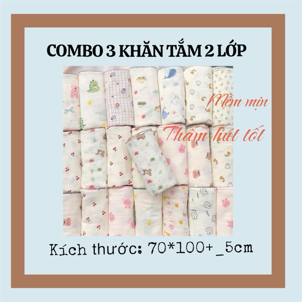 (2 LỚP COMBO 3 KHĂN) 3 khăn tắm 2 lớp mỏng nhẹ giặt nhanh khô 1 mặt hình một mặt trơn mềm mịn