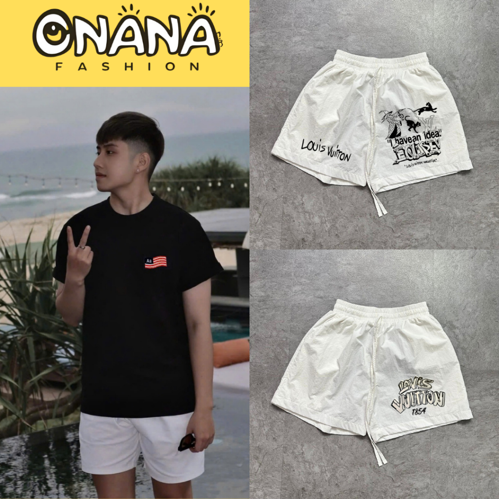Quần short gió ONANA nam nữ in họa tiết, lưng chun dây rút, mát mẻ, unisex, phong cách streetwear hè