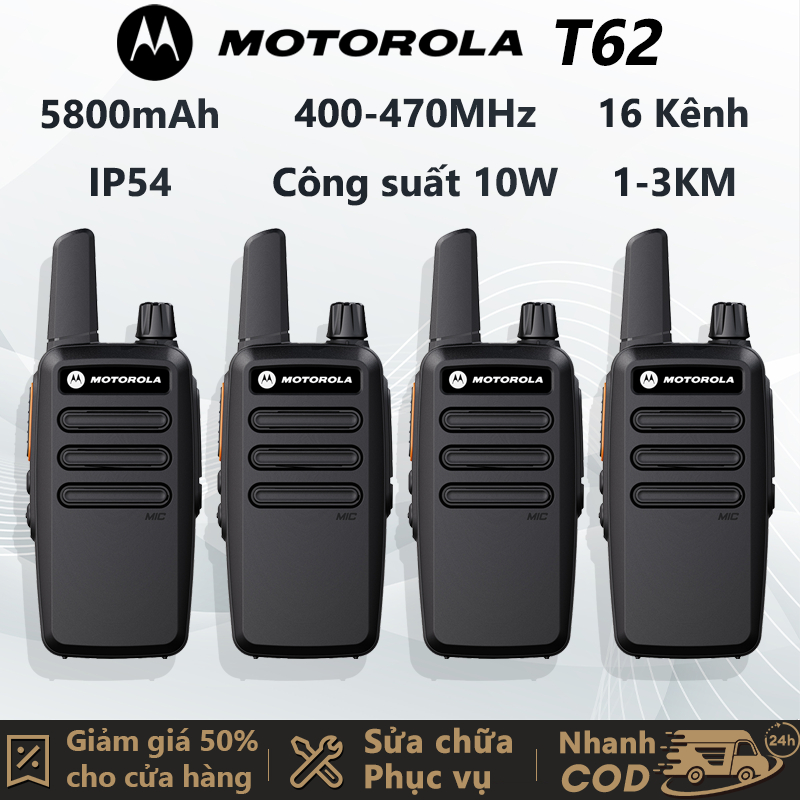 Bộ đàm Cầm Tay Motorola T62 1 Bộ Gồm 2 cái Hỗ trợ tần số 400-470MHz Pin Trâu 5800mAh(Pin Khỏe 72h) 16 Kênh