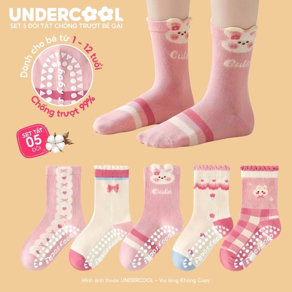 Set 5 Đôi Tất Bé Gái Chống Trượt Cotton Cao Cấp UNDERCOOL Hình Thỏ Xinh Xắn, Ấm Áp Cho Bé 1-12 Tuổi CB-TC109