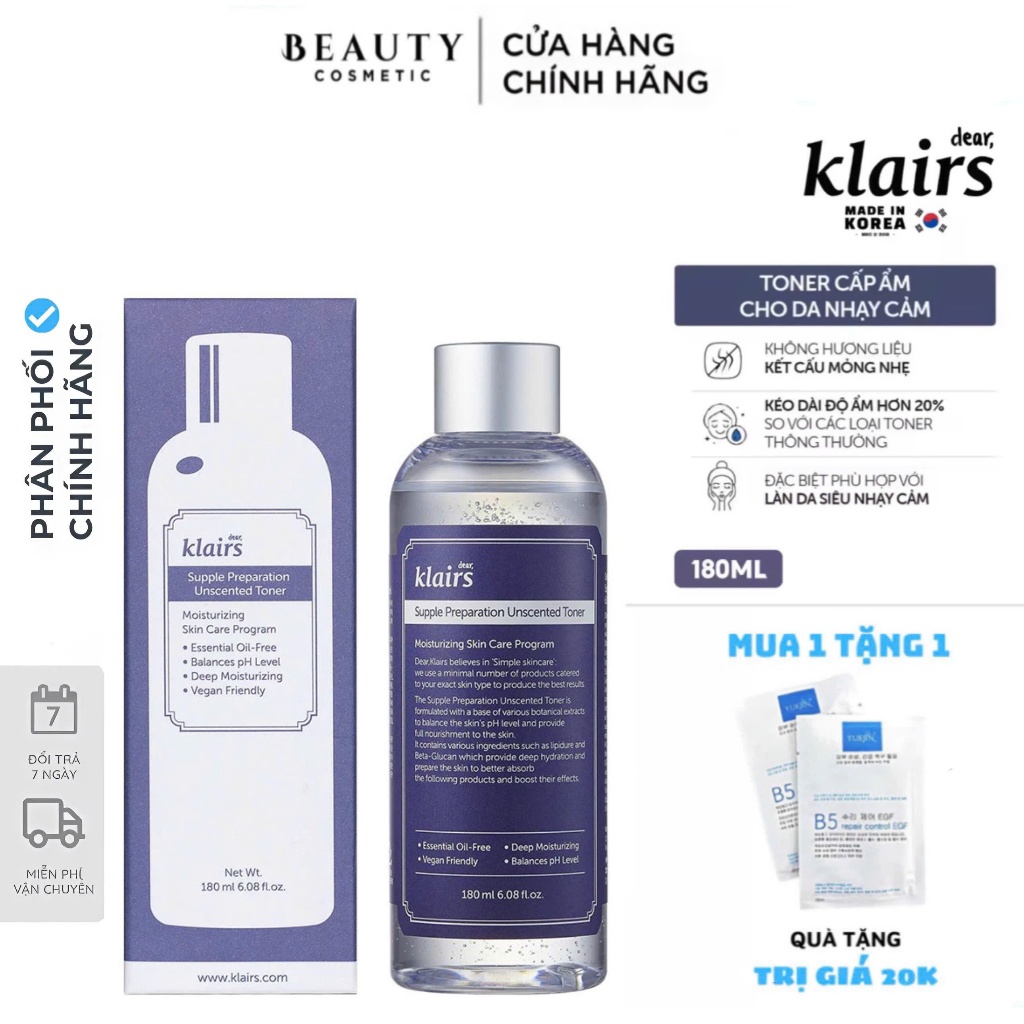 [CHÍNH HÃNG 100%] Toner dưỡng ẩm Klairs, nước hoa hồng cân bằng da không mùi, dưỡng ẩm tức thì 180ML