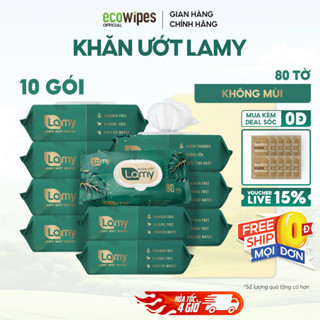 Thùng 10 gói Khăn ướt Lamy 80 tờ không mùi không cồn không paraben an toàn cho trẻ sơ sinh