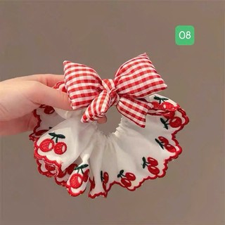 Cột tóc scrunchie viền đỏ nơ caro cherry dễ thương