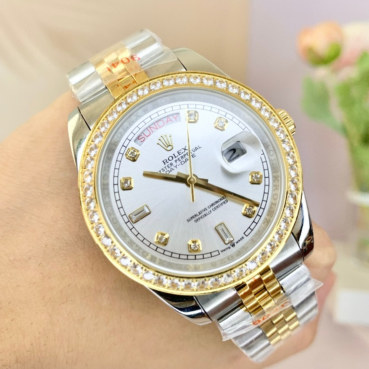 Đồng hồ nam rollex máy cơ automatic mẫu 2 lịch viền đá size 40-41mm