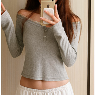 Áo trễ vai khuy phối ren cổ 3 màu peonyb - Thun dài tay chất co dãn kiểu dáng bánh bèo tiểu thư hotgirl đẹp - ATH216