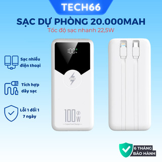  Sạc dự phòng 20000mah Gutek GT229 dung lượng pin lớn sạc nhanh 22,5w tích hợp dây sạc cho điện thoại 