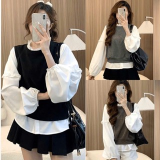  Áo sơ mi nữ A.779 Áo sơ mi cổ tròn tay dài phồng nhẹ phối nỉ len thỏ dáng vừa basic dễ phối đồ - Shop Chấm Bi 