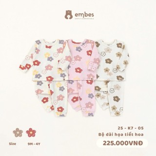 Đồ Bộ Bé Gái Embes, Bộ Dài Tay Thu Đông In Họa Tiết Hoa Chất Cotton Ắm Áp Cho Bé Gái Size Từ 8-17kg