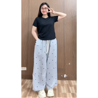  Quần Dài Ống Rộng Suông Bigsize Nữ Lưng Chun Họa Tiết Trái Tim Dáng Rộng Dễ Thương – Q566 