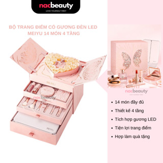 [Hỏa tốc HCM] Bộ quà tặng trang điểm có gương đèn led Meiyu 14 món 4 tầng nội địa Trung - nac beauty