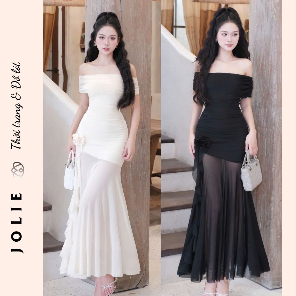 Đầm Dự Tiệc Cúp Ngực Dáng Dài Phối Voan Xuyên Thấu Quyến Rũ