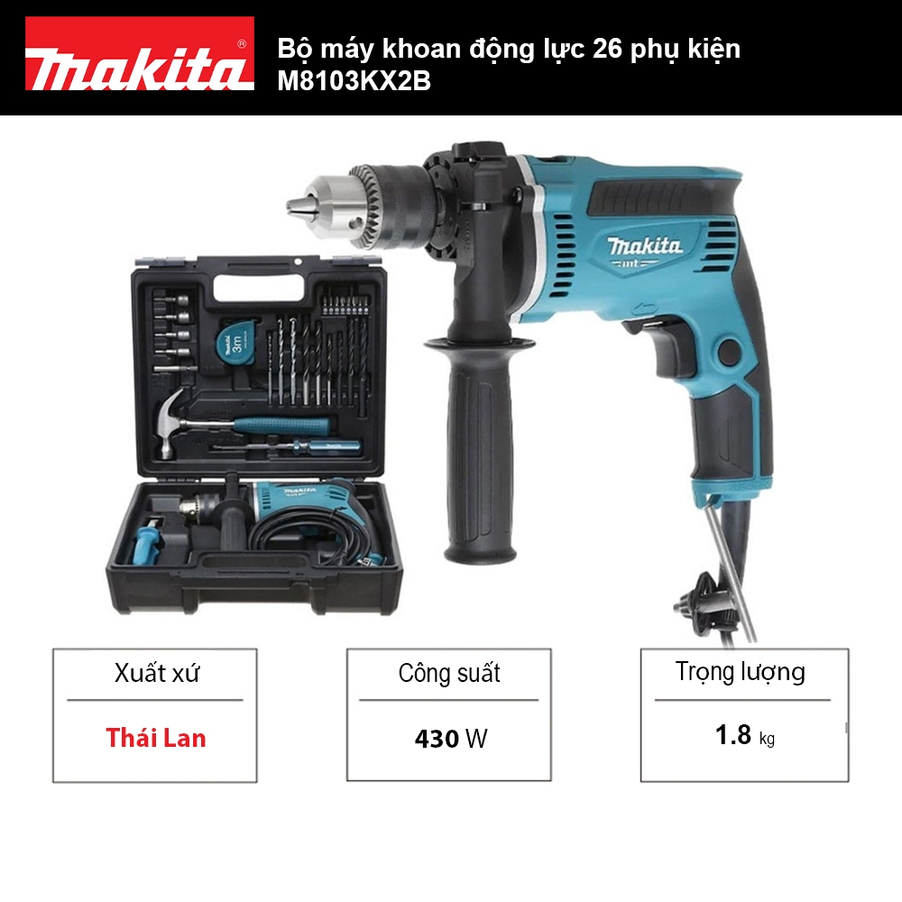 Bộ máy khoan động lực 26 phụ kiện Makita M8103KX2B - Xuất xứ Thái Lan | Makita official Store