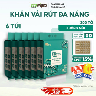 TẶNG MÓC TREO_Thùng 06 túi Khăn vải khô đa năng EcoWipes 200 tờ túi rút treo tường lau mặt tẩy trang