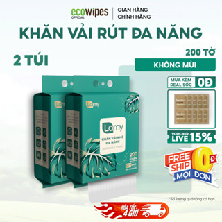TẶNG MÓC TREO_Thùng 02 túi Khăn vải khô đa năng EcoWipes 200 tờ túi rút treo tường lau mặt tẩy trang