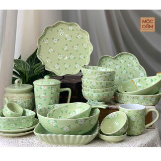  Bộ bát đĩa ăn cơm nhiều chi tiết phong cách tối giản vẽ tay thủ công hoa mi xanh bơ BlissHome gốm sứ Bát Tràng cao cấp 