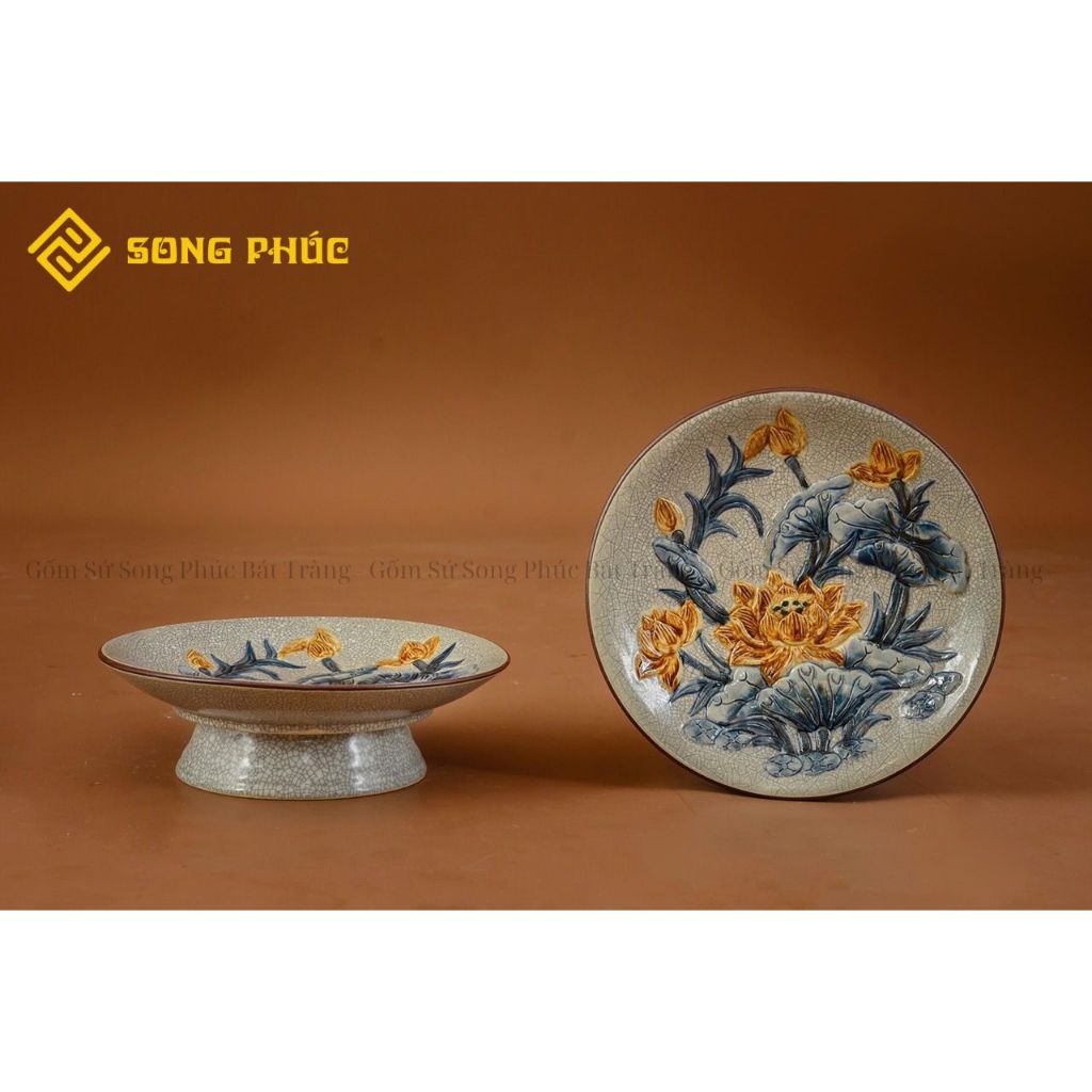 Mâm Bồng Đựng Hoa Quả Bàn Thờ Gia Tiên, Mâm bồng Men Rạn Bát Tràng Cao Cấp - GỐM SỨ SONG PHÚC
