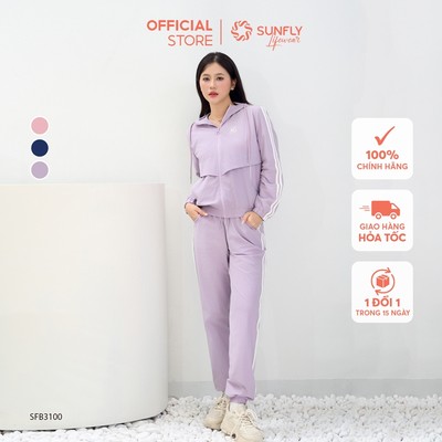 Set đồ nữ gió co giãn áo dài kéo khóa có mũ quần dài năng động, thể thao SUNFLY SFB3100