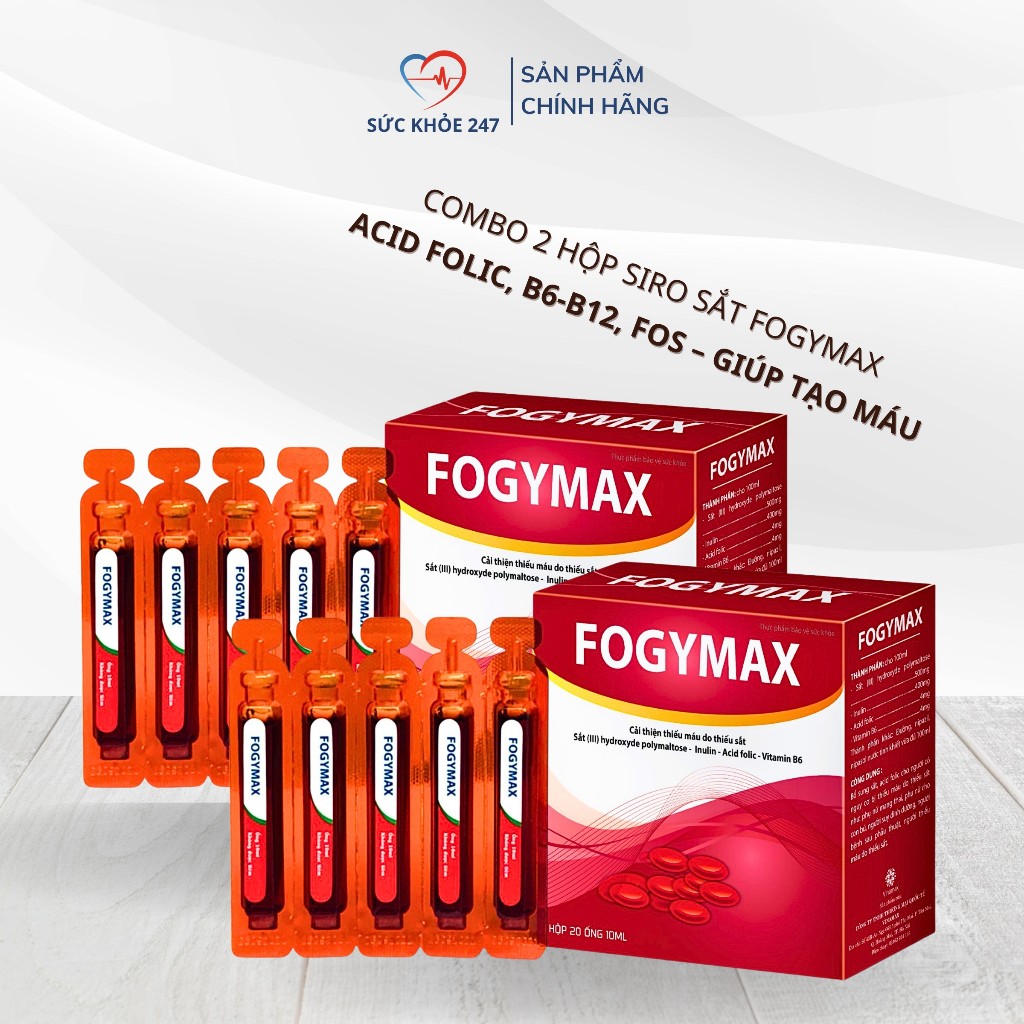 Combo 2 Hộp Siro Sắt Fogymax - Acid Folic, B6-B12, FOS - Giúp Tạo Máu (20 Ống/Hộp)
