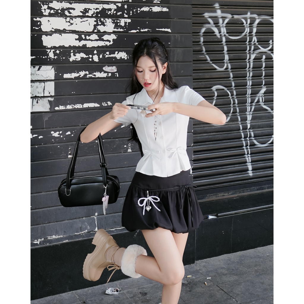 DALLA Sơ mi xếp ly đính nơ tay ngắn (SM17) Tiny Shirt HOT! | BigBuy360 - bigbuy360.vn