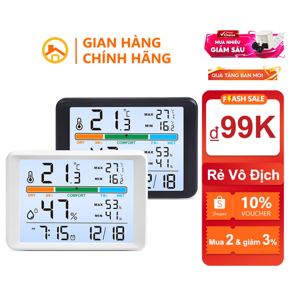Đồng hồ nhiệt ẩm kế  , màn hình lớn LCD Có Đèn Nền